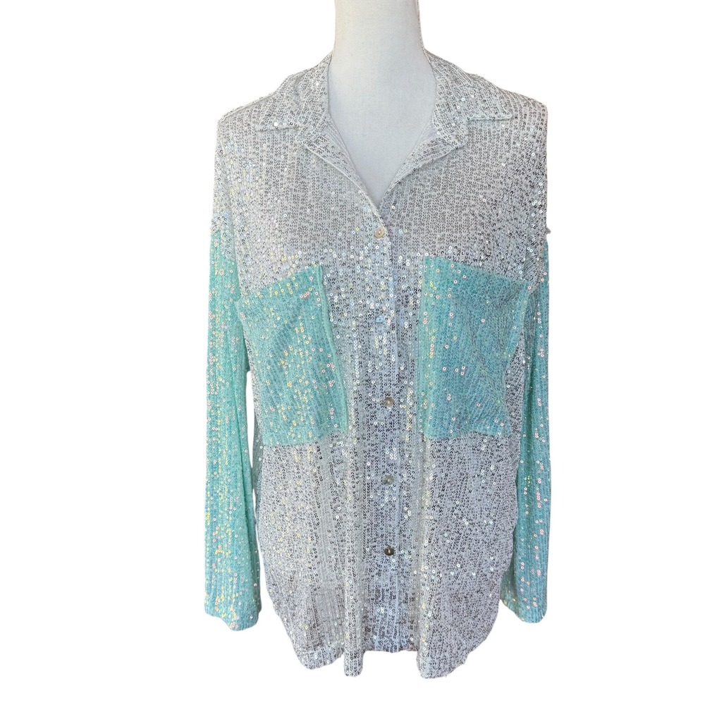 POL Sequin Button Down Shirt Silver Mint‎ Green Colorblock Oversized Top Small
